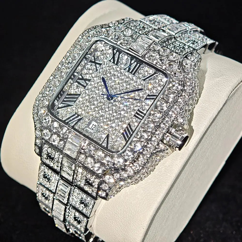 DITALING Men's Hip Hop Square Quartz Watch Stainless Steel 1.7in
