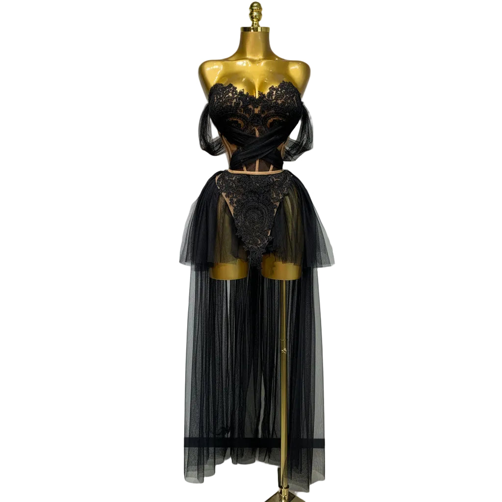 Women's Strapless Mesh Top and Skirt Two Piece Set