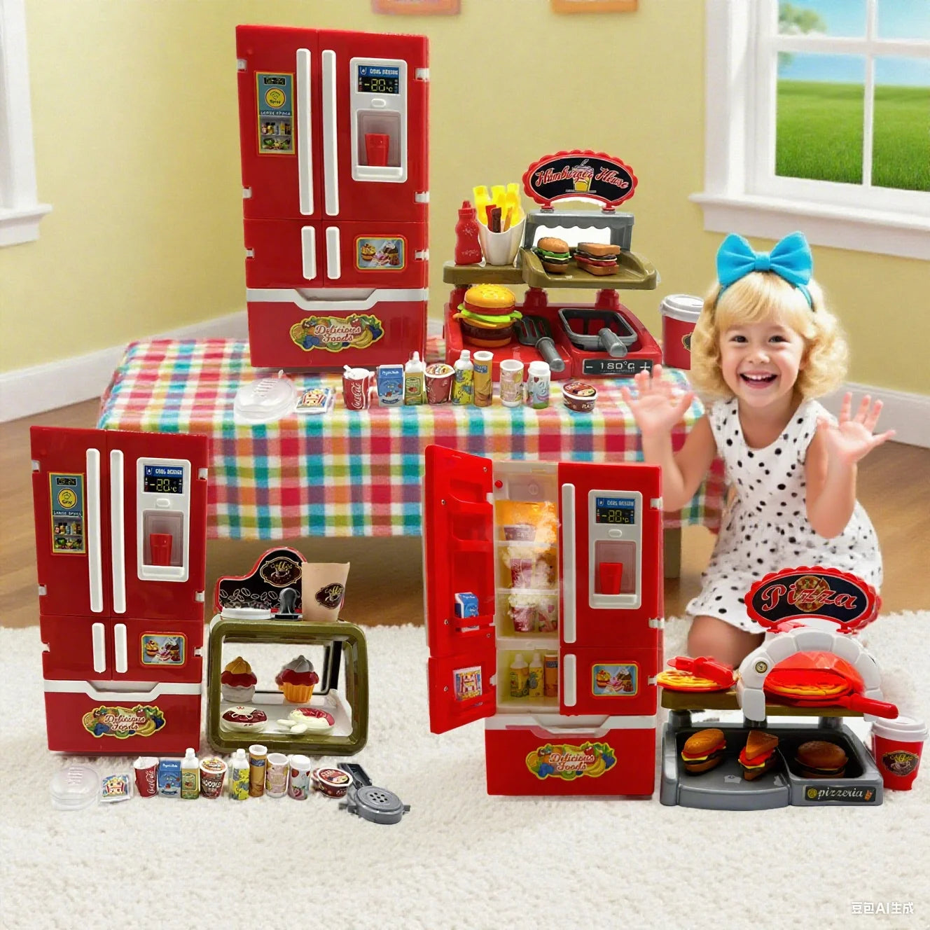 Kids' Pretend Play Kitchen Set with Spray Vapor Mini Fridge and Fast Food