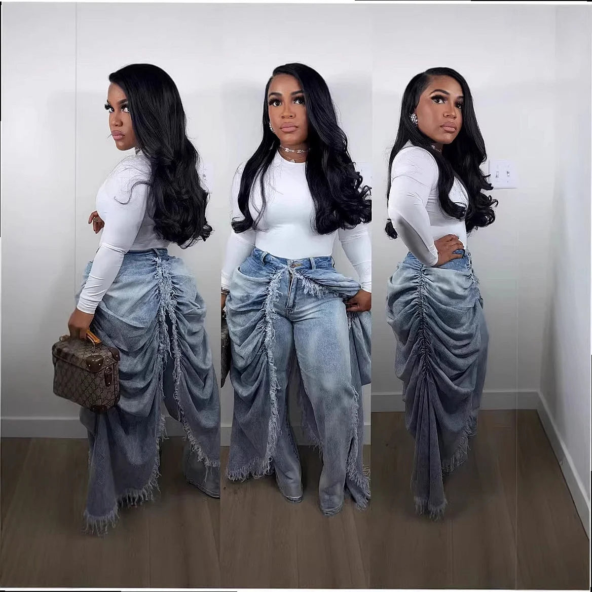 Women's Faux Two Piece Ripped Hem Skinny Denim Jeans