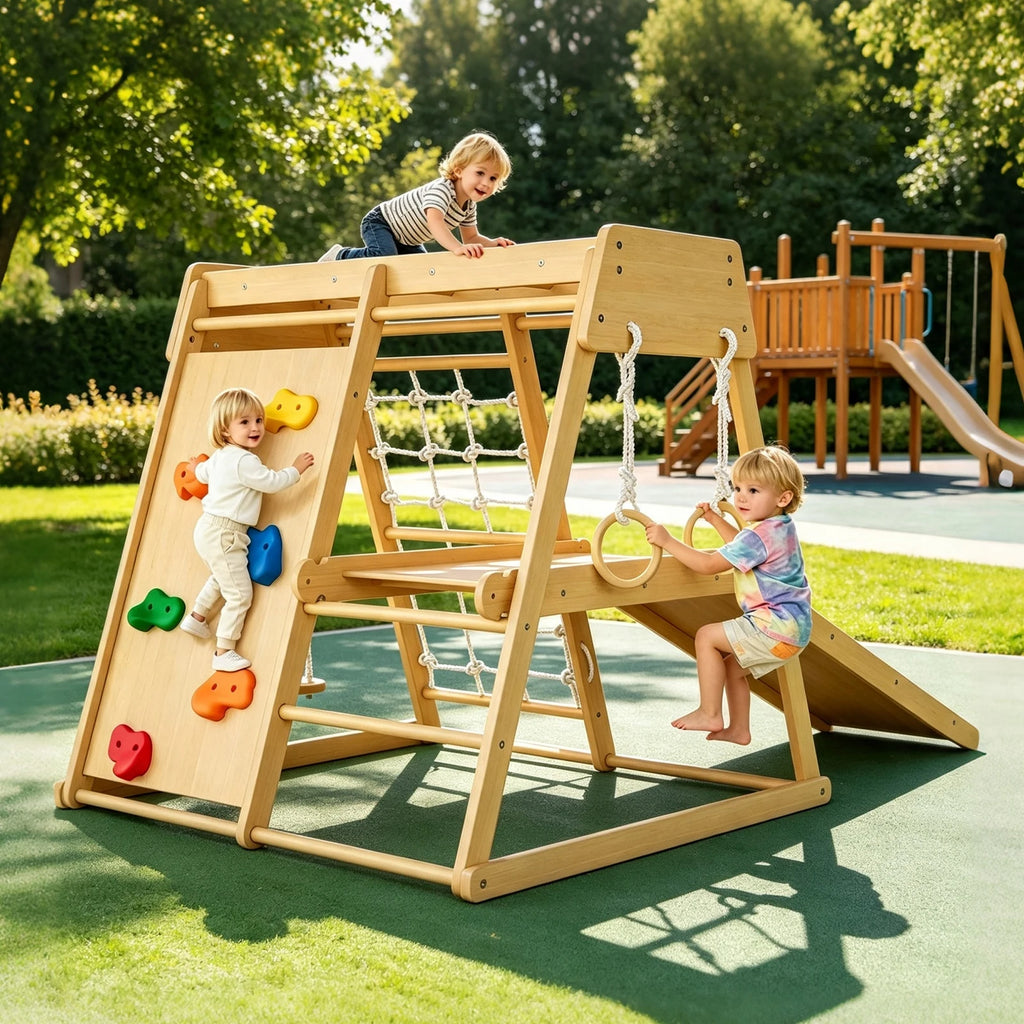 Kids 6 in 1 Wooden Indoor Jungle Gym Slide Climber Playset Toy Set