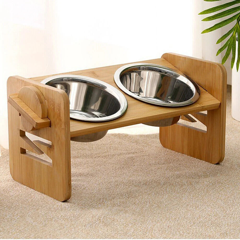 Adjustable Elevated Dog Bowls with 2 Stainless Steel Bowls and Bamboo Stand