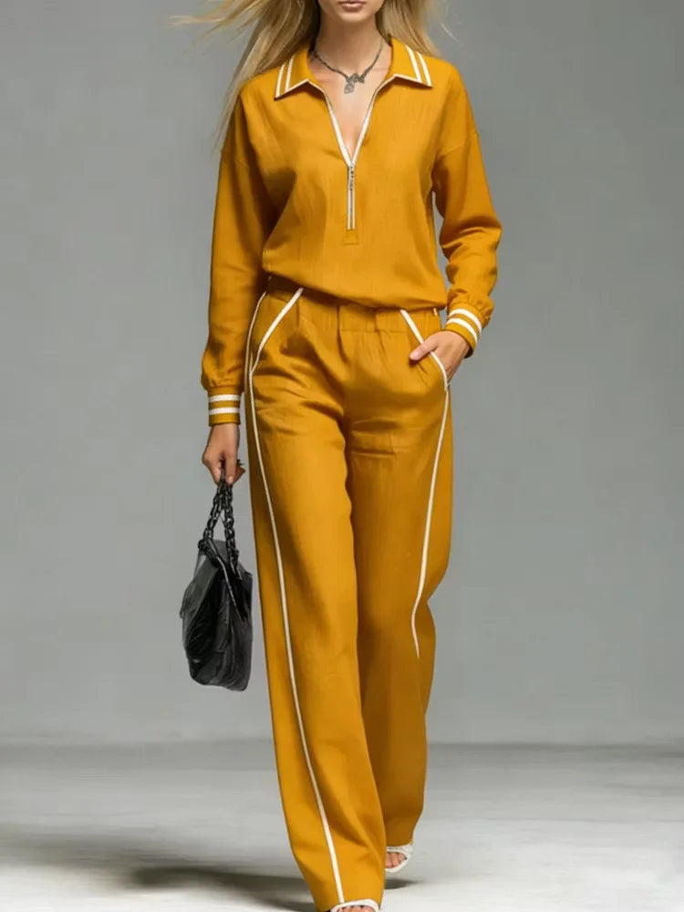 Women's Half Zipper Striped Sweatshirt Wide Leg Pants Set