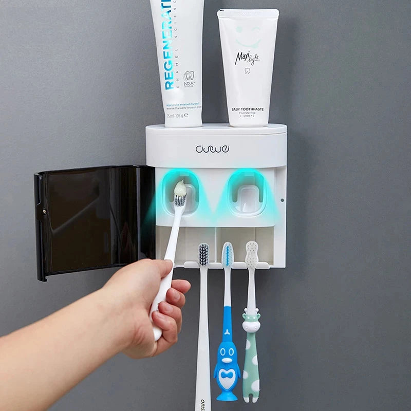 Wall Mount Automatic Toothpaste Dispenser with Magnetic Toothbrush Holder
