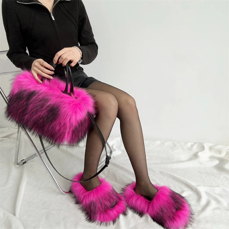 Women's Faux Fur Slides With Matching Shoulder Bag Set