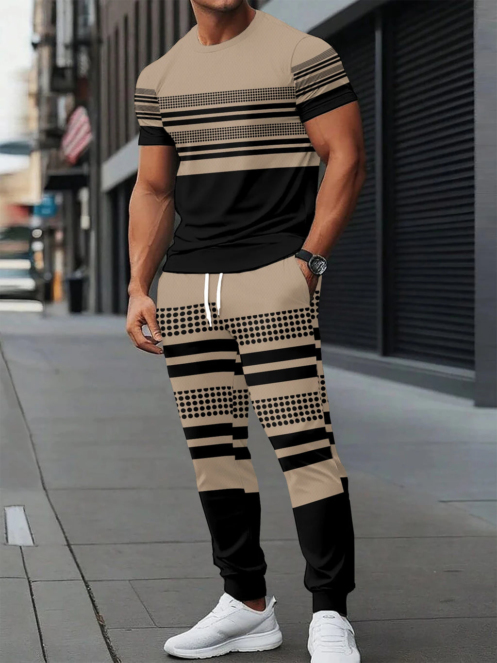 Men's Casual Striped Print Long Sleeve T-Shirt and Drawstring Pants Set