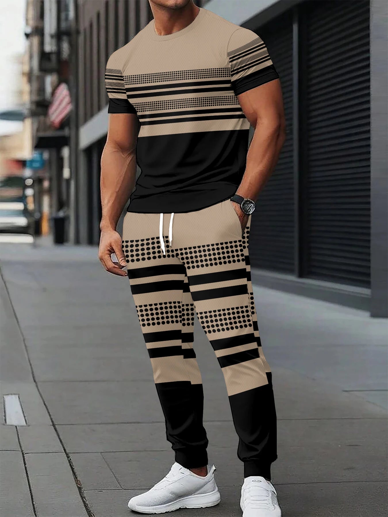 Men's Casual Striped Print Long Sleeve T-Shirt and Drawstring Pants Set