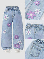 Girls' Floral Print Towel Stitch Elastic Waist Denim Jeans