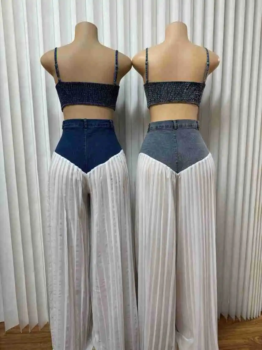 Women's Patchwork Denim Wide Leg Pants Two-Piece Set