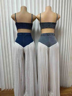 Women's Patchwork Denim Wide Leg Pants Two-Piece Set