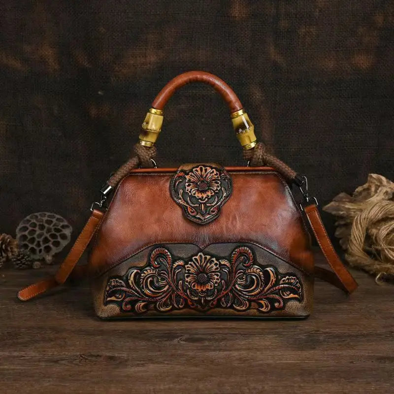 Women's Vintage Floral Embossed PU Leather Backpack