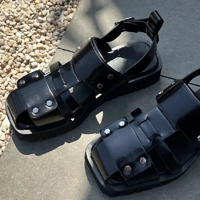 Men's Metal Rivet Buckle Leather Sandals Punk Platform Summer Shoes