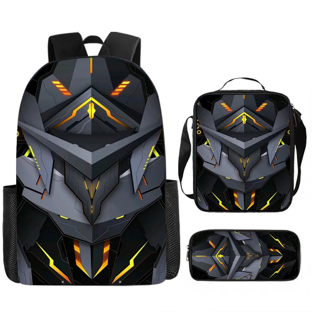 Unisex Mechanical 3D Print Backpack 3-Piece Bag Set