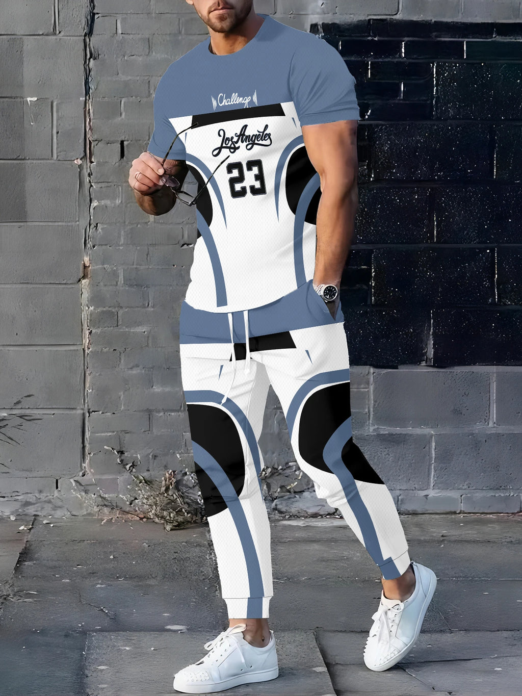 Men's Casual Digital Print T-Shirt and Pants Suit Set