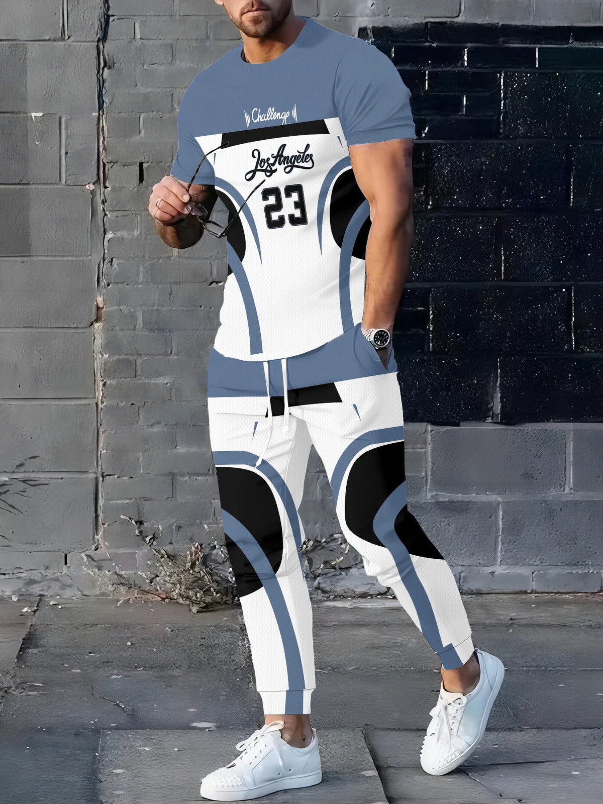 Men's Casual Digital Print T-Shirt and Pants Suit Set
