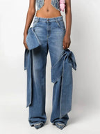 TWOTWINSTYLE High-Waisted Patchwork Lace-Up Jeans Straight Leg Blue