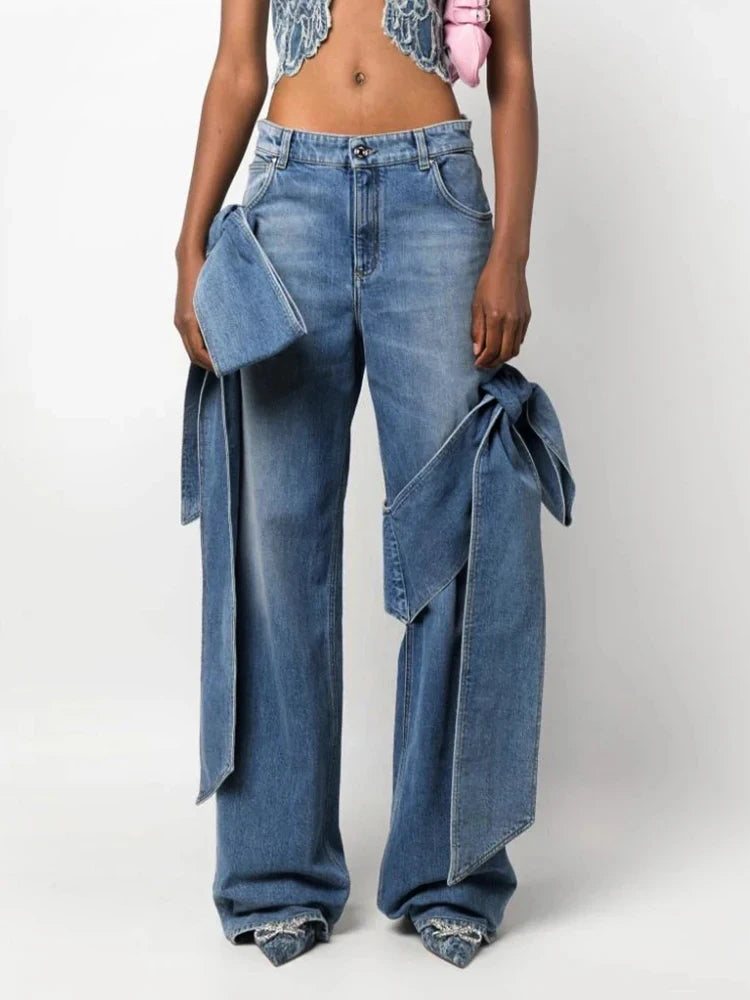 TWOTWINSTYLE High-Waisted Patchwork Lace-Up Jeans Straight Leg Blue