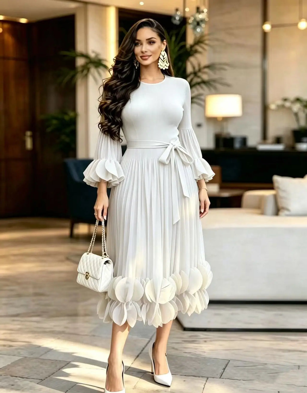 Women's Pleated Ruffle Edge Round Neck Long Dress