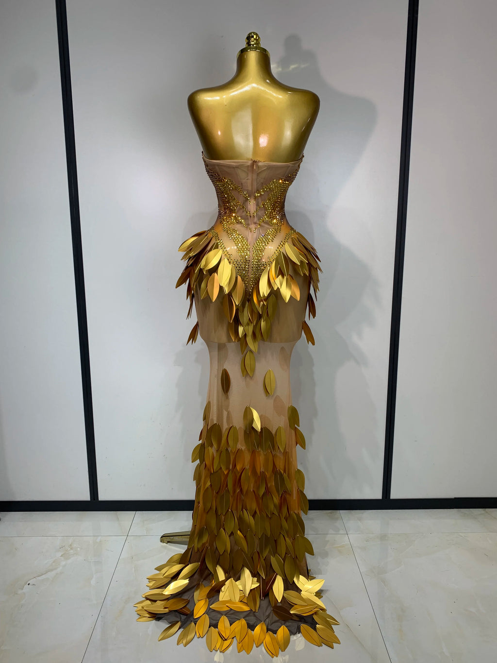 Women's Fashion Strapless Rhinestone Sequin Mesh Maxi Dress