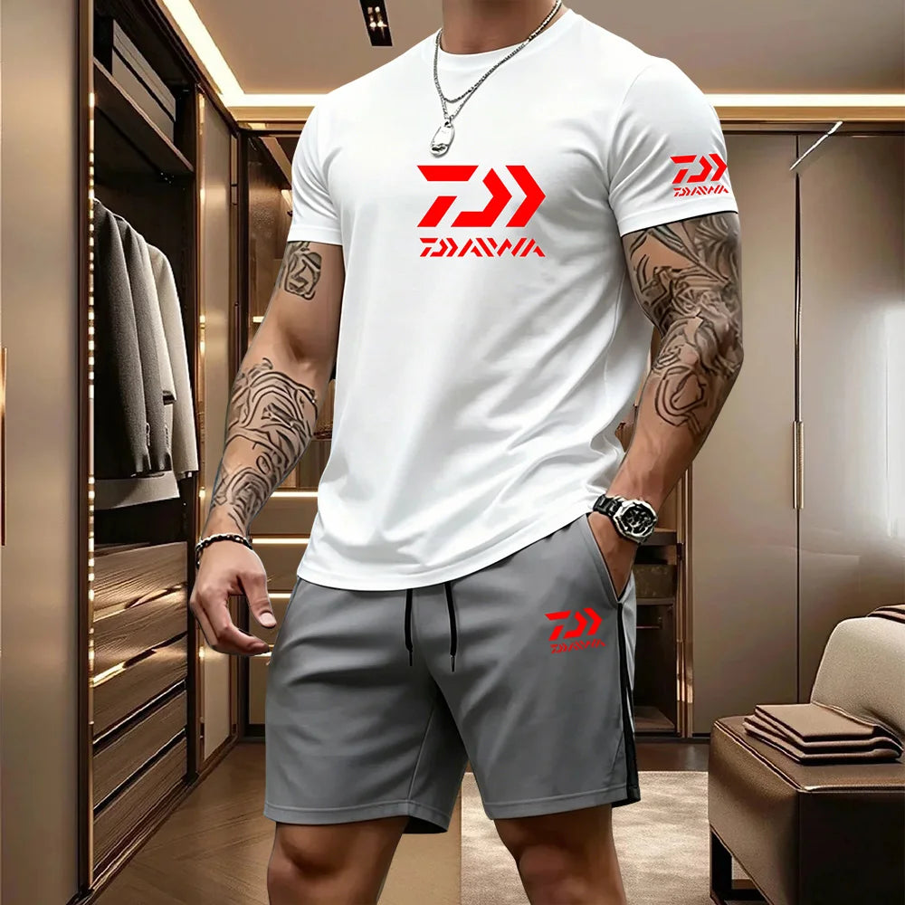 Men's Casual Round Neck T-Shirt and Drawstring Shorts Set