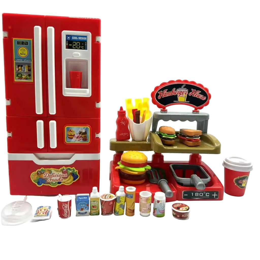 Kids' Pretend Play Kitchen Set with Spray Vapor Mini Fridge and Fast Food