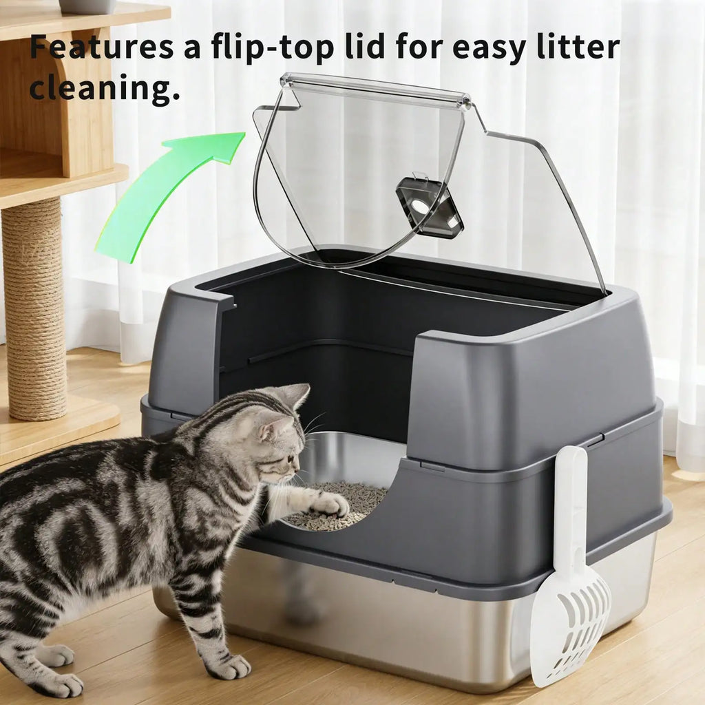Stainless Steel Enclosed Cat Litter Box with Lid and Splash-Proof Sides