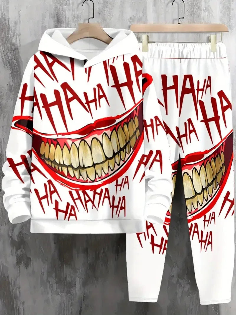 Men's Casual 3D Smiling Face Print Hoodie and Pants Set