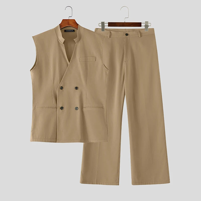 Men's Solid V-Neck Sleeveless Vest Pants Set