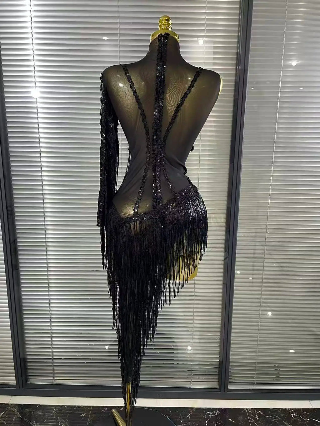 Women's Crystal Sequins Tassel One Shoulder Bodycon Midi Dress