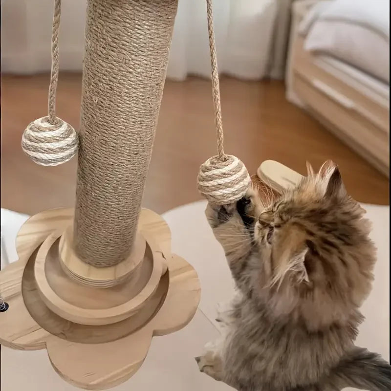 Wooden Rotating Cat Scratch Board with Non-Shedding Fiber Chew Toy and Stand