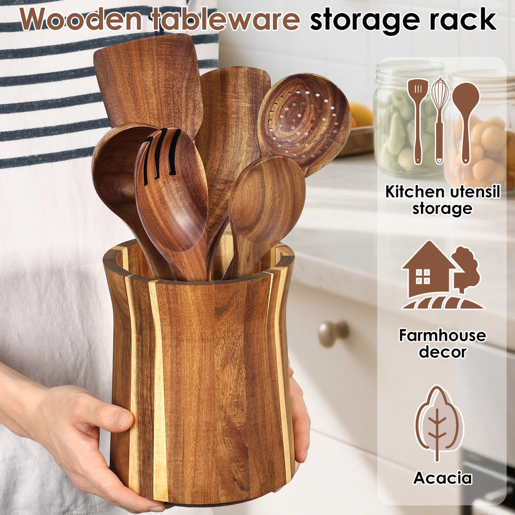 Rotating Wooden Utensil Holder and Kitchen Countertop Organizer