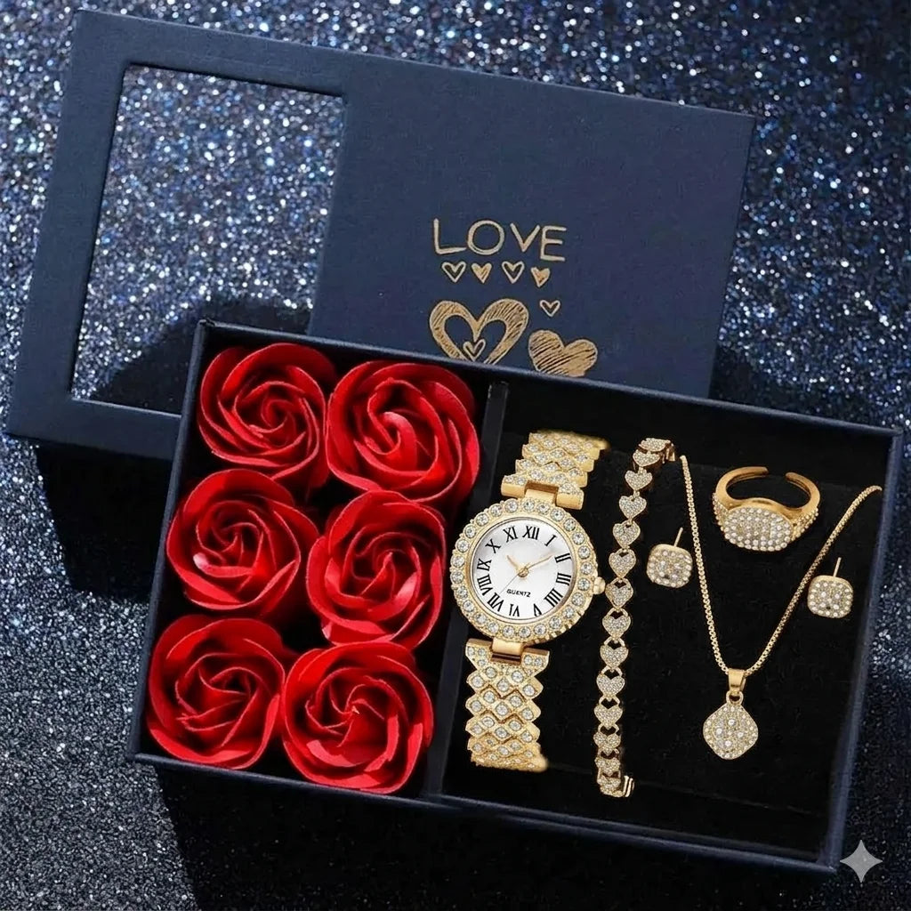 Roman Numeral Quartz Watch and Jewelry 6 Piece Set