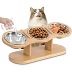 Elevated Wood Cat Feeder with 3 Stainless Steel Bowls