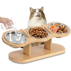 Elevated Wood Cat Feeder with 3 Stainless Steel Bowls