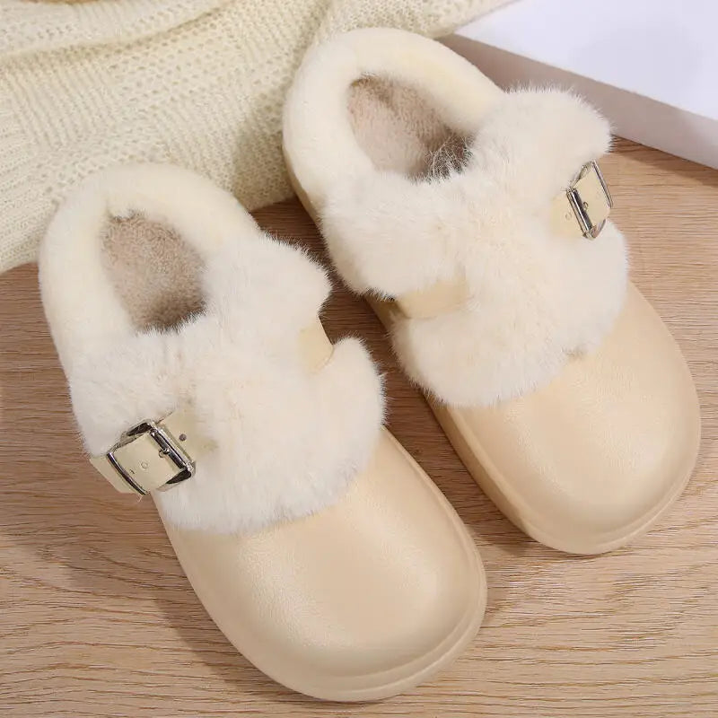 Women's Waterproof EVA Furry Clogs Metal Buckle Thick Sole