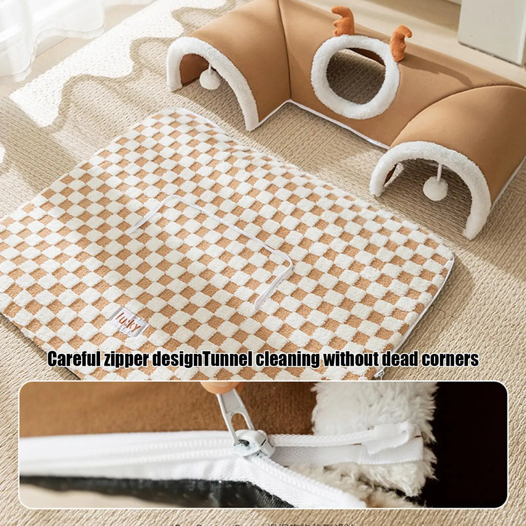Warm Foldable Plush Indoor Cat Play Tunnel Bed Tent