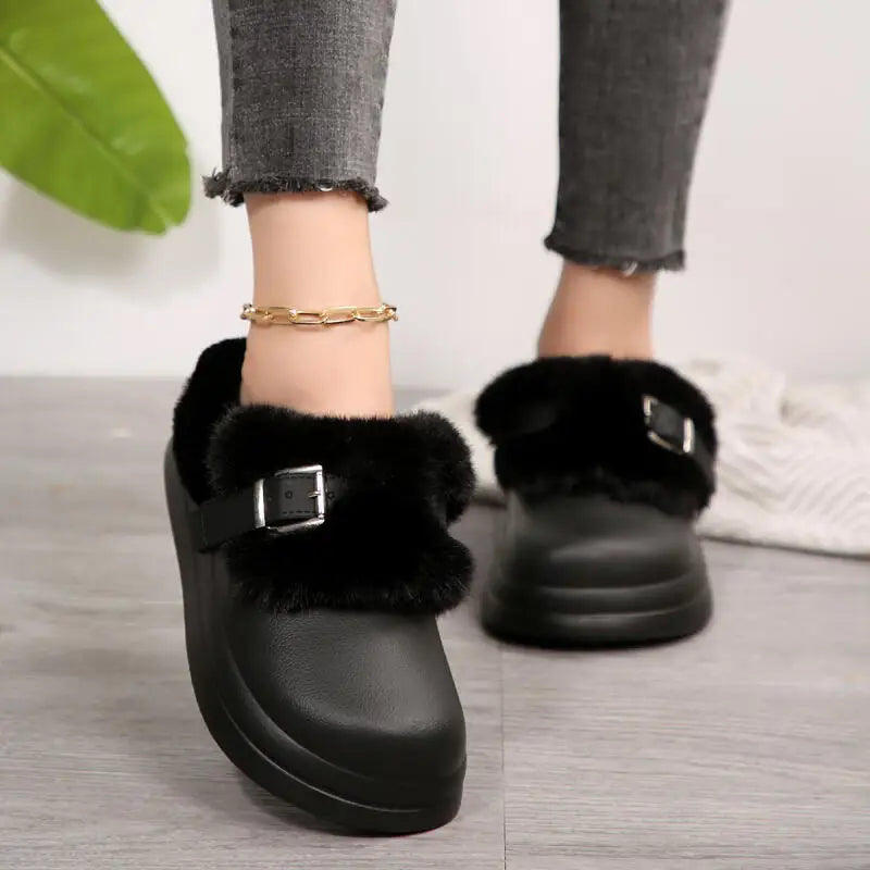 Women's Waterproof EVA Furry Clogs Metal Buckle Thick Sole