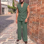 Men's Solid V-Neck Sleeveless Vest Pants Set