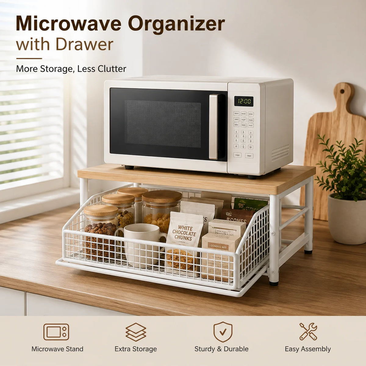 Metal Microwave Stand with Drawer and Multipurpose Countertop Storage Rack