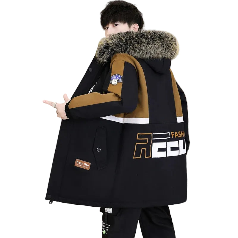 Men's Casual Hooded Fleece Winter Mid-Length Parka Jacket
