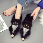 Women's Crystal Fox Head Pointed Toe Plush Ankle Boots