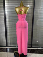 Women's Sexy Spaghetti Strap Rhinestone Pink Bandage Maxi Dress