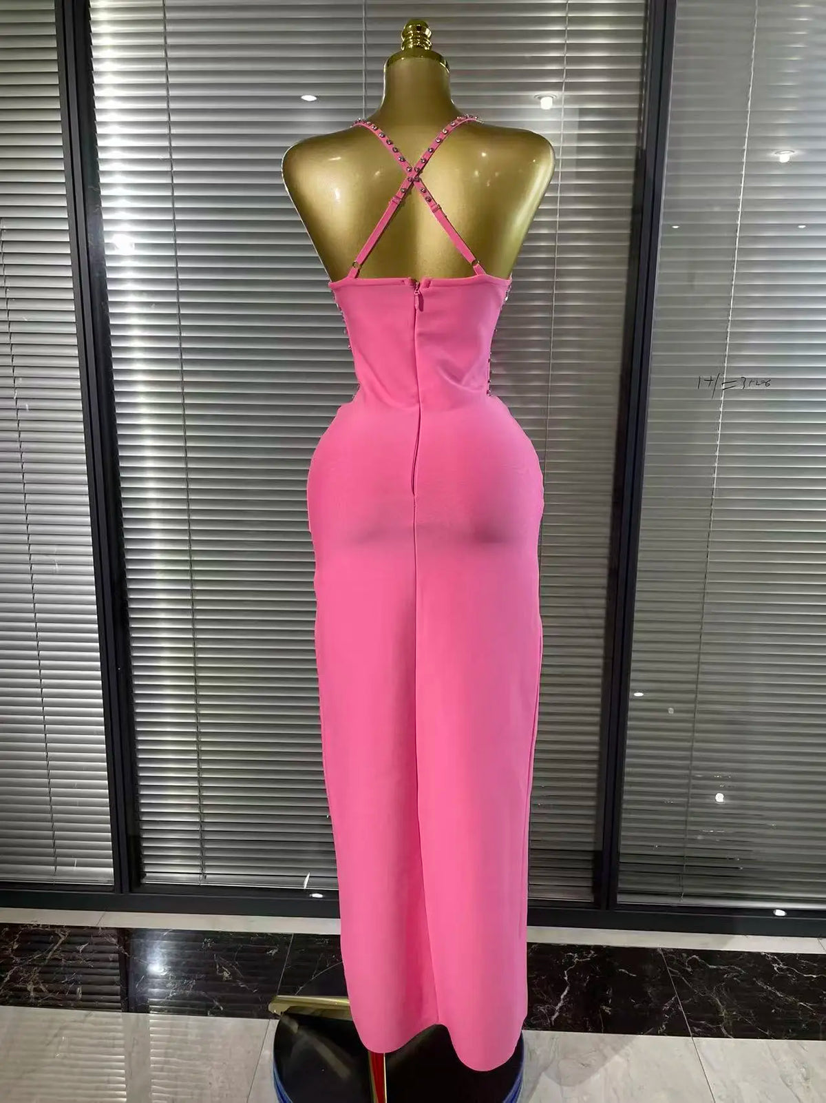 Women's Sexy Spaghetti Strap Rhinestone Pink Bandage Maxi Dress