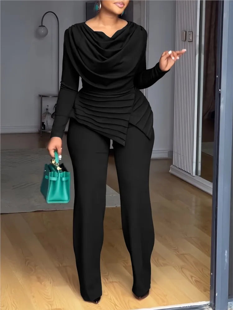 Women's Pile Collar Top Wide Leg Pants Set
