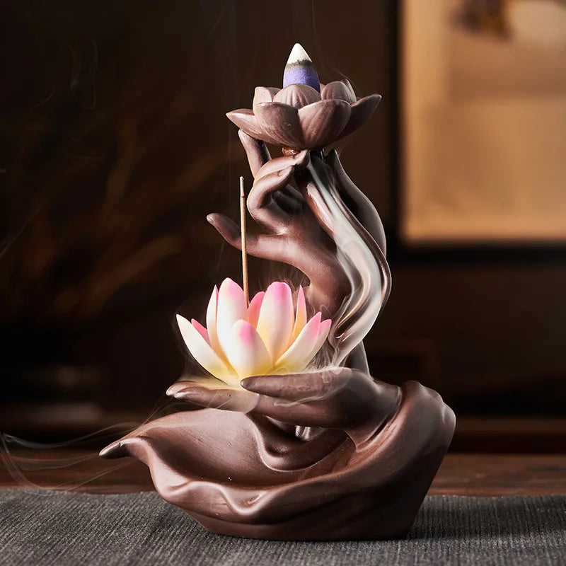 Buddha's Hand Lotus LED Backflow Incense Burner and Tabletop Ornament