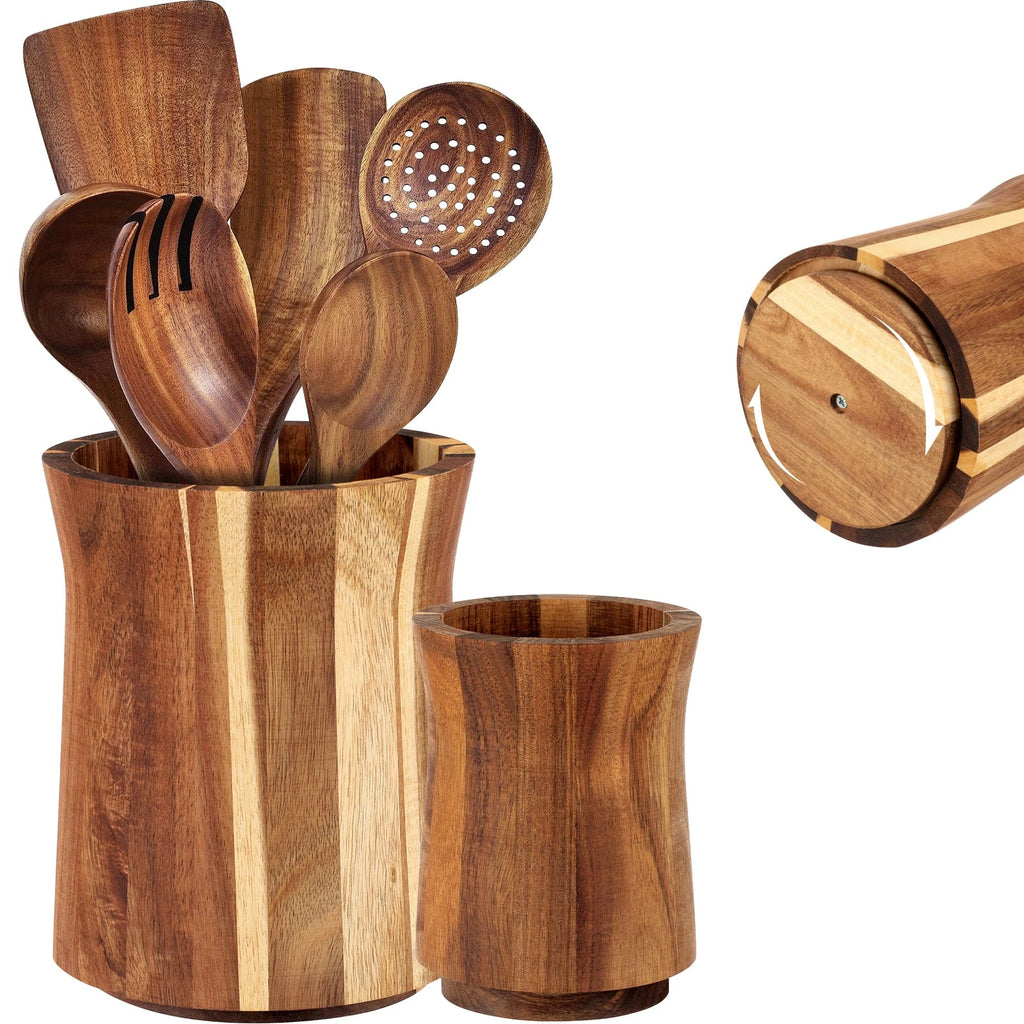 Rotating Wooden Utensil Holder and Kitchen Countertop Organizer