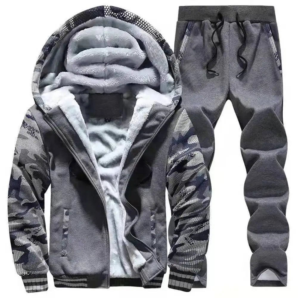 Men's Casual Fleece Zip Hooded Jacket and Pants Set
