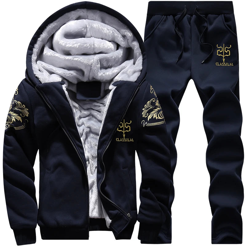 Men's Casual Plush Thickened Hoodie and Pants Two Piece Tracksuit Set