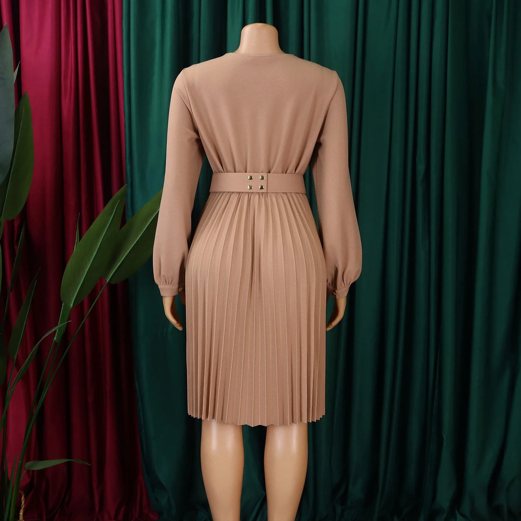 Women's V Neck Pleated Belted Mid Calf Dress
