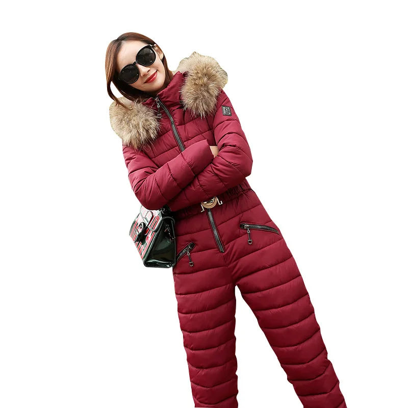 Women's Thick Warm Hooded Ski Suit Winter Parka Jumpsuit
